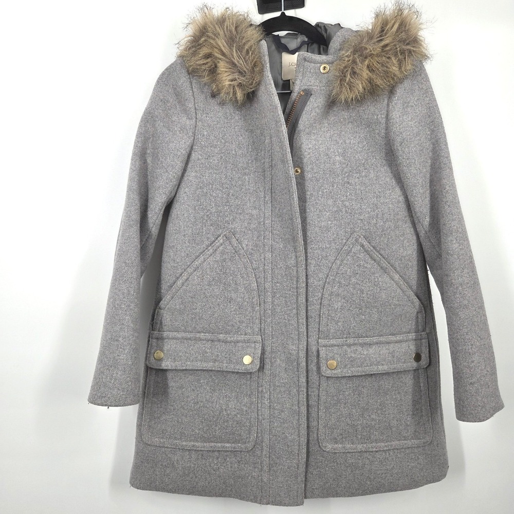 J. Crew Vail Faux Fur Trim Hooded Parka Coat Wool Blend Style E3931 SZ 00P Gray